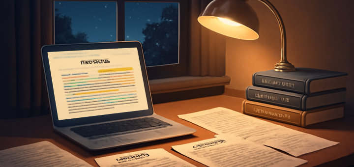 A high-definition digital illustration of a cozy study corner illuminated by the soft glow of a desk lamp, casting warm light over scattered academic papers in both English and Romanian. A laptop displays an abstract academic paper with highlighted text, and next to it is a neat stack of reference books. In the background, a large window reveals a tranquil night sky filled with stars, symbolizing the seamless translation of foreign academic content into clear Romanian summaries.