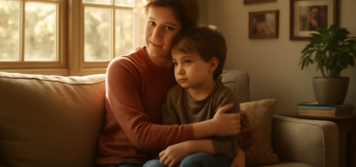 A cozy living room scene bathed in soft, warm sunlight filtering through large windows. A parent, with a thoughtful expression, is seated on a plush, comfortable sofa, gently embracing a child who looks contemplative yet content. The room is adorned with family photos and nurturing elements, like a potted plant and a stack of children's books, highlighting a sense of intimacy and familial bonds. There's a subtle aura of connection and understanding, reinforcing themes of parental influence and child behavior. High definition, capturing details in textures and expressions.