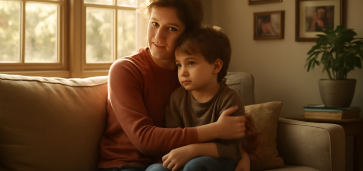 A cozy living room scene bathed in soft, warm sunlight filtering through large windows. A parent, with a thoughtful expression, is seated on a plush, comfortable sofa, gently embracing a child who looks contemplative yet content. The room is adorned with family photos and nurturing elements, like a potted plant and a stack of children's books, highlighting a sense of intimacy and familial bonds. There's a subtle aura of connection and understanding, reinforcing themes of parental influence and child behavior. High definition, capturing details in textures and expressions.