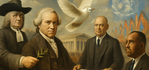 Create a high-definition image depicting the evolution of the concept of world peace from the early modern era to the present. Visualize key historical figures like Immanuel Kant, William Penn, and scenes representing major peace movements, such as the League of Nations and the United Nations. Incorporate symbols of diplomacy, such as doves, olive branches, and flags from diverse nations, all set against a backdrop of turbulent historical events, illustrating the cyclical nature of peace aspirations throughout history.