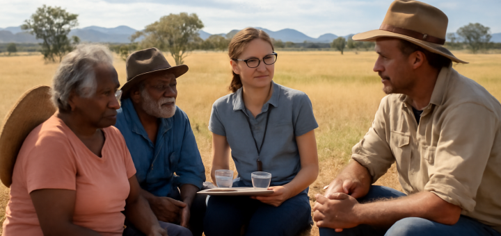 A high-definition image depicting a rural Australian landscape, showcasing a dedicated social worker engaging with community members in a vibrant yet challenging environment. The scene includes diverse individuals of indigenous and rural backgrounds, working collaboratively on social issues, surrounded by sprawling fields and distant mountains. The atmosphere is warm and hopeful, emphasizing connection, resilience, and the unique challenges faced by rural social services.