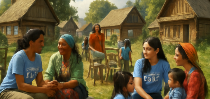 Imaginează-ți un peisaj rural idilic, unde asistenții sociali interacționează cu membrii comunității variate, într-o scenă plină de viață. Fundalul prezintă case tradiționale din lemn, buni clădind legături cu tineri și familii care își împărtășesc poveștile. Artiști locali își expun lucrările, iar copiii se joacă în using confortul naturii. Această imagine ar trebui să reflecte colaborarea și conexiunile umane, evidențiind diversele culturi din mediul rural. Asigură-te că imaginea este în înaltă definiție, cu detalii clare, pentru a sublinia frumusețea și complexitatea comunității rurale.