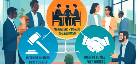 Imagine a modern office environment where multiple conflict resolution components are visually represented as interconnected elements: a gavel symbolizing rights-based processes, a mediator’s table for interest-based neutrals, and handshake icons for negotiated processes. Surrounding these components are diverse professionals engaged in discussion and collaboration, illustrating synergy and complementarity. The backdrop features a stylish, contemporary workspace with large windows, promoting openness and inclusivity. The image should be vibrant and striking, capturing the essence of a harmonious organizational culture focused on resolving disputes creatively. Please create this image in high definition.