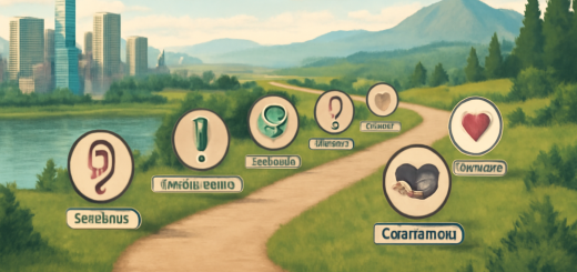 A high-definition image depicting a winding path symbolizing the journey of a qualitative social work researcher, with seven milestone markers along the way. Each marker is represented by a unique symbol: an open ear for listening, a mirror for self-reflection, a scale for accountability, a globe for context, a torch for social change, two hands shaking for collaboration, and a heart for self-care. The background features a diverse landscape that transitions from a bustling city to serene nature, illustrating the complex interplay of environment and human experience.