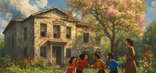 A detailed painting of an old, weathered school building surrounded by a vibrant, lush garden, symbolizing resilience amidst adversity. The building shows cracks and wear, but sunlight filters through blossoming trees, casting warm, hopeful shadows on the walls. In the foreground, a group of diverse children are playing, their laughter implied through lively postures and expressions, as a watchful teacher guides them, embodying stability and leadership. The scene is set under a vast sky filled with swirling clouds, suggesting the ongoing challenges and dynamic environment. The image should be in high definition to capture the intricate details of each element.