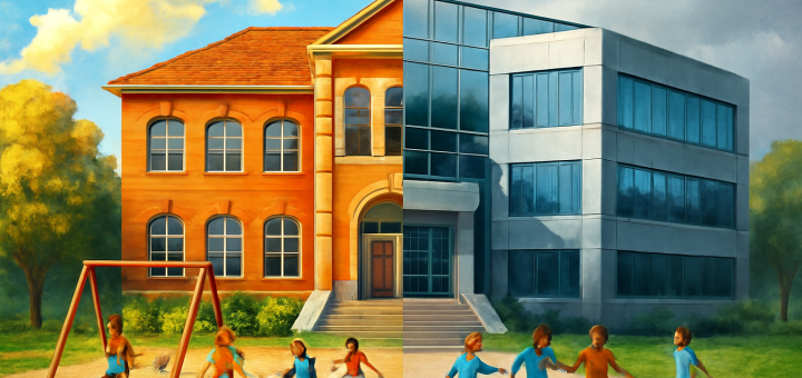 A vivid painting depicting a school building uniquely divided by color and architecture. One half of the building is crafted with traditional bricks, bathed in warm sunlight, representing a classic, historic style, while the other half is modern, sleek, with reflective glass and steel under softly overcast skies. In between, a playground with children of diverse backgrounds playing together seamlessly, bridging the two contrasting sides. The scene captures a blend of unity and division, contrasting old and new, in a harmonious high-definition portrayal.