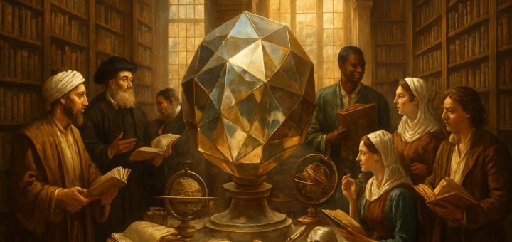 A high-definition digital artwork depicting an intricate and bustling library with towering shelves filled with books symbolizing diverse knowledge. Sunlight filters through grand windows, casting warm, golden hues on a central feature: a large, faceted mirror situated on a marble pedestal, reflecting various scholarly artifacts. A collection of figures, diverse in attire and background, are engaged in animated discussions, each holding a unique book or scientific instrument. This scene embodies a dynamic exchange of ideas, woven into the very fabric of the intellectual space, capturing the spirit of epistemic exploration and reflexivity.