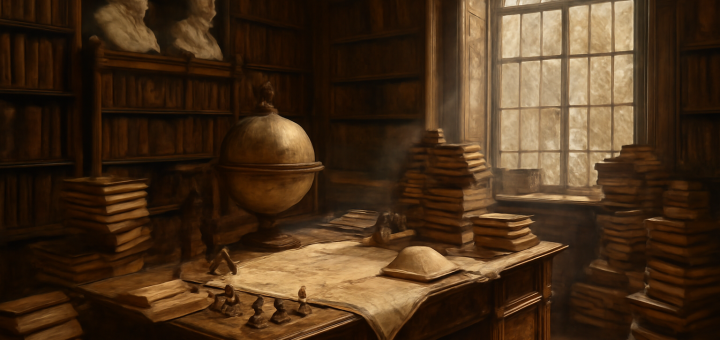 Create a high-definition illustration depicting an ornate, vintage academic study with an eclectic collection of stacked books, exuding an intellectual yet slightly chaotic ambiance. Central to the image, a grandiose wooden desk is cluttered with aged maps, scattered chess pieces, and an antique globe. Sunlight filters through dusty, intricate windowpanes, casting reflections upon a polished hardwood floor. On one side, philosophical busts sit atop tall bookshelves, which overflow with scholarly volumes and scattered artifacts, suggesting a history of engaged and profound thought.