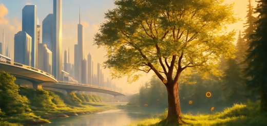 A serene yet vibrant high-definition digital artwork depicting a harmonious blend of contrasting elements: a futuristic cityscape with sleek architecture melting seamlessly into a lush, tranquil forest. In the foreground, a single tree stands, its branches adorned with shimmering leaves and delicate, colorful butterflies. This scene is illuminated by a warm, golden light, casting soft shadows and reflections across both the urban and natural environments. The artwork embodies the idea of integration, balance, and the merging of different worlds, inviting viewers into a peaceful yet dynamic visual journey.