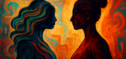High-definition digital artwork of two stylized, complementary silhouettes: one embodies flowing, fluid lines suggesting multiplicity and change, representing postmodernism; the other features bold, dynamic contours hinting at strength and unity, symbolizing feminism. These silhouettes stand against a backdrop of abstract, swirling patterns of rich colors. The scene conveys the meeting of different ideas, merging harmoniously yet distinctly, with elements in the background subtly reflecting societal structures.
