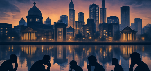 A high-definition digital artwork depicting a surreal city skyline at twilight, blending elements of both classical and contemporary architecture. The skyline is mirrored in a calm reflective pool, symbolizing the dual nature of modern and postmodern influences. Soft ambient light glows from windows and street lamps, casting a serene atmosphere. In the foreground, abstract shadows of individuals in thoughtful poses are interspersed along the water’s edge, representing the contemplative role of intellectuals. The scene captures the blending of old and new, stability and transformation, against a backdrop of deep indigo and warm ochre skies.