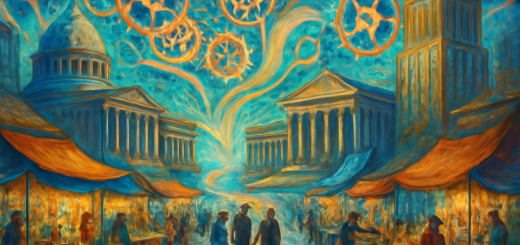 A high-definition digital artwork depicting a surreal cityscape where vibrant market stalls seamlessly blend with towering government buildings, all interconnected by pathways of flowing light. Above, the sky is filled with abstract gears and clockwork, symbolizing the underlying mechanisms of governance and market forces. People of diverse backgrounds are scattered throughout, engaging in both trade and discourse, conveying a sense of dynamic interaction. The color palette is rich and varied, with a harmonious balance of cool blues and warm golds, creating a vibrant yet controlled environment.