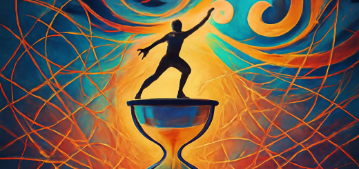 A stylized digital illustration capturing the concept of dynamic human agency: A vivid scene depicting a human figure delicately balanced on the edge of a giant, glowing hourglass. Below them, sand cascades slowly, symbolizing the flow of past experiences and traditional patterns. Above, the figure reaches towards a swirling sky filled with abstract shapes, suggesting infinite possibilities and new futures. Surrounding the scene, intricate paths of interconnected threads represent the complex social structures and relationships guiding the individual's choices. The vibrant colors and fluid shapes convey the theme of temporal transformation and social interaction. High-definition, rich in detail and texture.