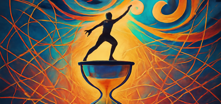 A stylized digital illustration capturing the concept of dynamic human agency: A vivid scene depicting a human figure delicately balanced on the edge of a giant, glowing hourglass. Below them, sand cascades slowly, symbolizing the flow of past experiences and traditional patterns. Above, the figure reaches towards a swirling sky filled with abstract shapes, suggesting infinite possibilities and new futures. Surrounding the scene, intricate paths of interconnected threads represent the complex social structures and relationships guiding the individual's choices. The vibrant colors and fluid shapes convey the theme of temporal transformation and social interaction. High-definition, rich in detail and texture.