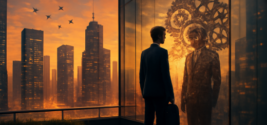A high-definition digital artwork capturing the theme of self-valorization in a neoliberal world: a modern cityscape at twilight with tall skyscrapers reflecting a golden sunset glow. In the foreground, a lone figure dressed in professional attire stands on a rooftop garden, gazing at their reflection in a massive glass wall. This reflection subtly morphs into an intricate network of gears and cogs, symbolizing the internalized machinery of self-worth and productivity. The sky is dotted with silhouettes of birds in flight, representing freedom and aspiration. The scene conveys a blend of serenity and the complexities of personal value within a corporate-dominated environment.