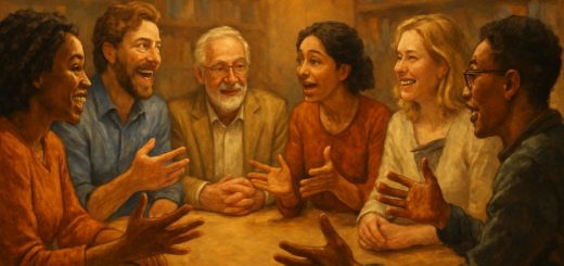 A high-definition illustration of a diverse group of people engaged in a vibrant conversation, gathered around a large table in a warmly lit, cozy room. Each individual is depicted with expressive faces and gestures, emphasizing the unique personalities and stories they bring to the dialogue. The background is filled with soft, blurred bookshelves, hinting at an immersive, intellectual environment. The atmosphere conveys warmth, inclusivity, and a sense of open-ended discussion, reflecting the ongoing, unfinished nature of dialogical exchange.