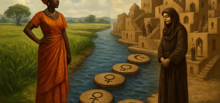 A high-definition digital painting capturing a symbolic scene of two distinct environments divided by a river. On one side, an African woman dressed in vibrant traditional attire stands confidently amidst lush green fields, embodying autonomy and resilience. On the other side, a Middle Eastern woman in a modest robe is depicted in a bustling, tiered architectural scene, illustrating the cycle of authority and submission. The river represents the transition and contrast between different patriarchal systems, with stepping stones of cultural symbols bridging the two worlds, reflecting diverse strategies and negotiations within gender roles.