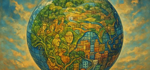 A high-definition digital artwork depicting an imaginative portrayal of Earth as a giant mosaic globe, composed of intricate layers of diverse ecosystems and vibrant human activities. These layers seamlessly blend to form a complex tapestry, representing the interconnectedness of human society and the natural world. In the foreground, delicate vines and roots entwine with urban structures, while subtle hints of human faces and wildlife emerge from the landscape, symbolizing the fusion of biographical narratives and broader social structures. The artwork captures a sense of dynamic harmony and complexity, set against a backdrop of an expansive sky that suggests both challenges and possibilities.