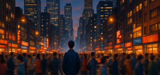 A high-definition illustration of a bustling metropolis at dusk, where towering skyscrapers with illuminated windows create a vivid skyline. On the crowded streets below, a diverse crowd of people moves in different directions, each figure slightly blurred to convey movement and density. In the foreground, a lone individual stands still amidst the chaos, reflecting a moment of introspection and calm. The city lights cast a warm glow, highlighting the mix of vibrant colors of signage, traffic, and clothing, contrasting the serene bluish tones of the evening sky. This image captures the tension and harmony between individuality and the overwhelming energy of city life.