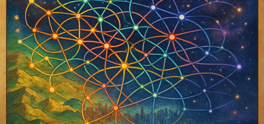 Create an image of an intricately designed, high-definition map illustrated as a tangled network of colorful pathways and nodes. This conceptual map is set against a backdrop of a vibrant, abstract landscape with various terrains representing diverse fields of study, like hills and valleys for sociology and psychology, a bustling city for economics, seas of ideas for philosophy, and a cosmos for theoretical exploration. Each path in the map glows with different hues, reflecting the intersections and divergences of ideas, creating a sense of movement and complexity akin to neural networks or constellations in the night sky. The map should be visually striking, symbolizing an interconnected web of theories and disciplines.