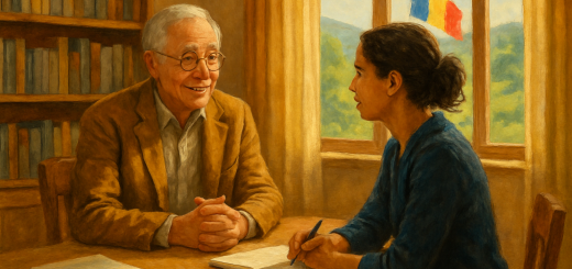 A high-definition digital artwork depicting a serene, sunlit Romanian office setting where a mentor and a young social worker engage in a thoughtful conversation over a desk. The room is adorned with warm colors and natural wood elements, reflecting the calm atmosphere. There are shelves filled with books and a window showing a glimpse of green Romanian countryside, symbolizing growth and nurturing. Sunlight streams through the window, casting a gentle, hopeful glow on the mentor's encouraging expression as they guide the attentive social worker. This image captures the essence of professional growth through supervision in social work.