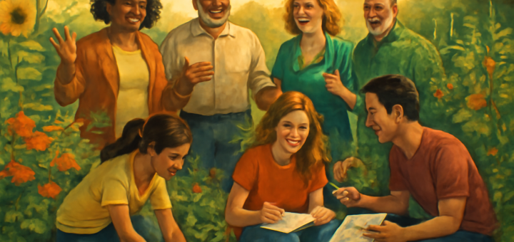 A high-definition digital artwork depicting an imaginative scene: a group of diverse mentors and students gathered in a lush, vibrant community garden. The mentors, depicted with warm, encouraging expressions, stand in a semi-circle, guiding students who are attentively engaged in various activities such as tending to plants, sketching ideas on papers, and discussing animatedly. The scene is enveloped by a golden afternoon light, highlighting the sense of cooperation and growth. Lush greenery and colorful flowers surround the group, symbolizing nurturing and development in a thriving environment. The image conveys warmth, guidance, and collaborative learning amidst nature.