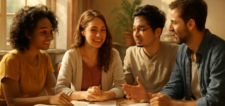 A high-definition digital artwork depicting a serene and uplifting scene inside a cozy, warmly-lit room where a group of diverse young adults, dressed in semi-casual attire, are gathered around a wooden table filled with books and notebooks. The ambience suggests constructive and supportive dialogue. Sunlight filters in through large windows, casting soft, comforting shadows, while a lush indoor plant adds a touch of nature. The expressions on the students' faces show attentive engagement, empathy, and encouragement as they share insights and experiences with one another, capturing the essence of peer support and collaborative learning.