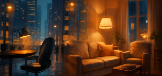 A high-definition digital artwork depicting a surreal, dream-like urban scene at twilight. In the foreground, a bustling city street merges with the tranquil warmth of a cozy living room interior. The cityscape is alive with the energy of commuters and glowing skyscrapers, while the living room invites with soft lighting, a comfy sofa, and a serene atmosphere. The two worlds intertwine seamlessly, with elements like office chairs blending into armchairs, and street lamps transitioning into floor lamps, symbolizing the overlap and tension between professional and familial roles.