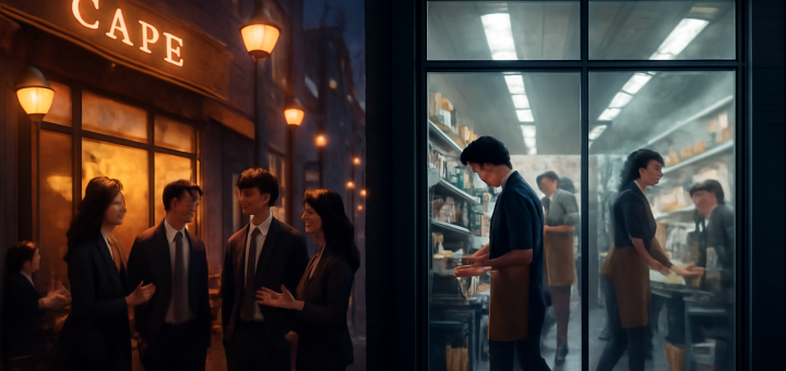 A high-definition digital artwork depicting a bustling urban landscape at dusk, showcasing two contrasting sides of the city. On one side, a lively café scene with well-dressed professionals engaging in conversation, illuminated by warm streetlights that reflect the stability and security of retention jobs. On the other side, a busy supermarket with workers in uniforms, engaged in various tasks under the stark, fluorescent lighting, representing the transience of secondary part-time roles. The image captures the dualistic nature of part-time employment, with a dynamic interplay between light and shadow to emphasize the differing working conditions.