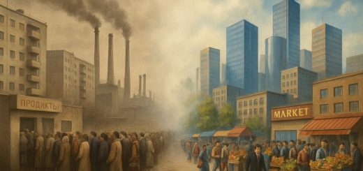 A high-definition digital painting capturing the spirit of Eastern Europe's transition from socialism to a market-driven society. The image depicts a symbolic landscape divided into two visually distinct halves. On one side, a nostalgic, sepia-toned representation of a bustling socialist era: state-built housing blocks, people lining up for subsidized goods, and old factory silhouettes under an overcast sky. On the other side, a vibrant, colorful scene of a modern city with gleaming glass buildings, busy markets, and privatized enterprises, symbolizing the influences of globalization. In the center, a faint, dreamy border like a veil of clouds, symbolizing the tension and transition between the two eras. This painting reflects the clash between historical legacy and modern reforms, fitting the narrative of Eastern European social and economic transformation.