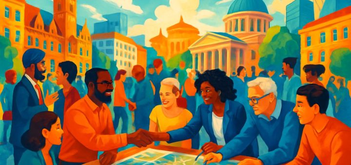 A vibrant illustration depicting a harmonious European cityscape where diverse people from various walks of life gather in a colorful public square, exchanging ideas and working together. The background features iconic European architectural elements like classical buildings and modern structures, symbolizing a blend of tradition and innovation. The scene conveys a sense of cooperation and inclusivity, with individuals of different ages and backgrounds collaborating around a large table filled with maps and planning materials. The image is in high definition with rich colors and dynamic composition, capturing the spirit of unity and social progress.