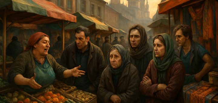 A high-definition digital artwork depicts a vibrant street market scene set in Eastern Europe, capturing the juxtaposition of bustling activity and subtle underlying tension. The cobblestone street is lined with quaint stalls selling ripe fruits and vegetables, colorful textiles, and handcrafted goods. In the foreground, a diverse group of individuals are portrayed interacting; some are vendors energetically showcasing their wares, while others are engaged in quiet conversations. In the background, the silhouettes of historic buildings are bathed in the warm glow of a late afternoon sun. The atmosphere conveys a sense of community and resilience amidst economic challenges, with expressive faces hinting at varied emotions ranging from hope to concern. The lively details and rich colors offer a poignant reflection of cultural and social dynamics at play.