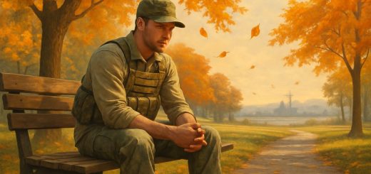 A high-definition digital artwork featuring a soldier in a serene park setting. The soldier is dressed in casual civilian attire, sitting on a bench with a reflective, calm expression. Around them, the vibrant colors of a peaceful autumn landscape create a sense of tranquility and healing. The leaves gently fall from the trees, symbolizing change and renewal. In the background, there's a subtle hint of their military past, like a distant silhouette of a military base fading into the horizon, blending seamlessly with the natural beauty.