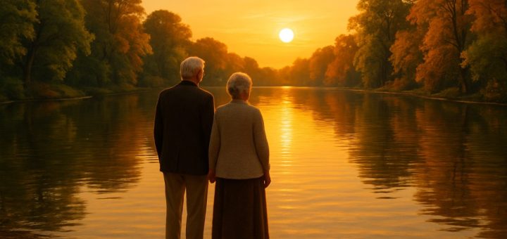 Create an image capturing a serene, golden sunset over a tranquil lake surrounded by lush, mature trees, with their leaves painted in shades of rich green and gentle autumn hues. A distinguished elderly couple stands side by side on the lake's edge, gazing thoughtfully at the horizon, their silhouettes reflecting in the calm water. The couple exudes a sense of wisdom and contentment, embodying a peaceful reflection on life. Make the image in high definition, emphasizing the warm glow of the sunset and the gentle ripples on the lake's surface.