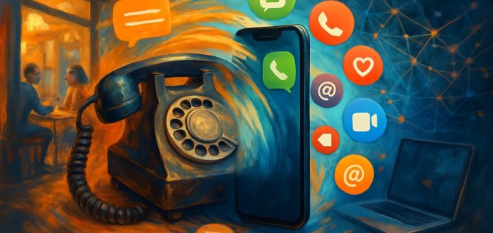 A detailed, high-definition digital painting depicting a vivid montage of various communication devices and platforms overlapping each other. In the center, an old rotary phone slowly transforms into a modern smartphone, with social media icons like messaging apps, video calls, and text bubbles orbiting around it. The background blends different environments, hinting at both digital and face-to-face interaction settings, such as a cozy café and a bustling digital network. The colors are dynamic and energetic, evoking the tension and emotion involved in switching and navigating different communication mediums.