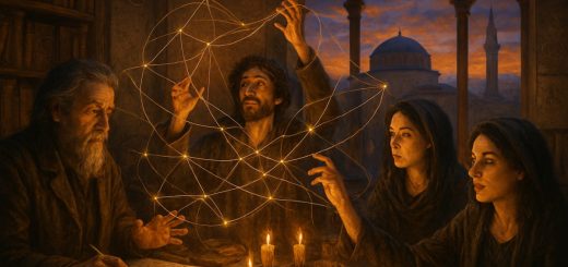 A high-definition digital painting capturing an enigmatic scene with a blend of the mystical and scholarly. At the forefront, a group of diverse individuals, each engrossed in constructing an intricate web of theories, depicted as strands of light weaving through an old library filled with ancient books and scrolls. In the background, a twilight skyline of Thessaloniki, Greece, with warm, golden light spilling through the library’s grand, arched windows. The room is illuminated by flickering candlelight, adding a sense of mystery and depth, with shadows dancing across the walls adorned with mysterious symbols and maps. This image evokes the convergence of ancient knowledge and modern inquiry, reflecting the blend of historical and contemporary thinking in conspiracy theories and anthropology.