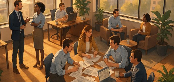 An intricate high-definition digital artwork depicting a modern office setting from an aerial view, where various employees are engaged in diverse activities. Some employees are having thoughtful discussions, others are collaborating at a round table filled with documents, and a few are interacting over coffee in a relaxed area with plants. The office has large windows revealing a cityscape outside. The scene is imbued with an atmosphere of positivity and integrity, with warm sunlight streaming through the windows, casting soft shadows throughout the room, highlighting the collaborative and ethical nature of the workplace.