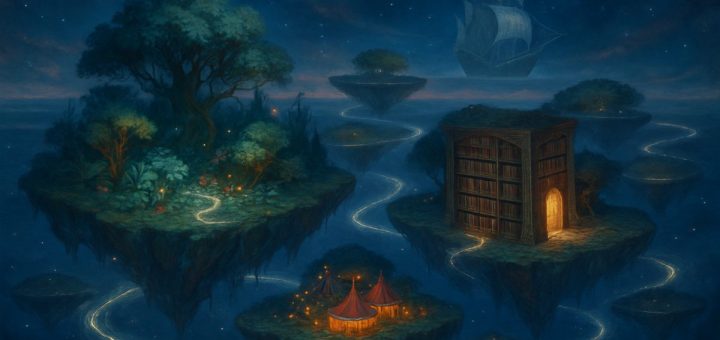 A surreal painting in high definition depicting a vast, ethereal landscape of interconnected floating islands, each with its own distinct microcosm. One island features a lush, mystical garden with exotic plants, another a serene library filled with ancient, towering bookshelves, while yet another displays a bustling carnival with vibrant lights and colorful tents. These islands are connected by intricate, shimmering pathways of light, hovering in a twilight sky dotted with stars. A distant, phantom-like ship sails across the horizon, suspended between reality and dreams, embodying the enigmatic atmosphere of this otherworldly setting.