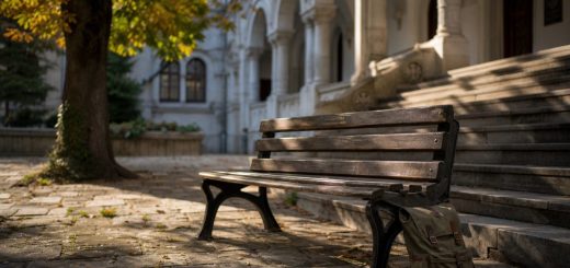 Early September morning in the inner courtyard of an old Romanian university building. Warm low sunlight crosses a colonnade of pale stone arches and falls across a worn stone staircase. In the foreground stands a single empty wooden bench, with a canvas backpack leaning against one of its legs. A chestnut tree at the edge of the courtyard has just started to turn, and a few leaves lie scattered on the paving stones. Quiet, unhurried atmosphere, photographic realism, shallow depth of field focused on the bench. Use balanced, natural contrast with a realistic tonal range. Preserve fine detail throughout the image, with smooth highlight roll-off, detailed shadows, balanced exposure, and natural, accurate colors.