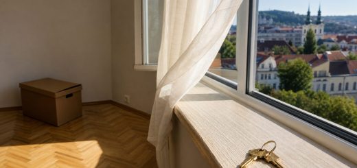 A quiet, empty rented apartment room in early morning light, a single set of brass keys resting on a pale wooden windowsill, a sheer white curtain lifted slightly by a breeze, bare parquet floor, one cardboard moving box in the corner, and beyond the open window a view over the rooftops and tree canopies of a Central European university city. Late summer sun, soft warm shadows across the floor, calm and hopeful mood, photographic look with shallow depth of field centered on the keys. Use balanced, natural contrast with a realistic tonal range. Preserve fine detail throughout the image, with smooth highlight roll-off, detailed shadows, balanced exposure, and natural, accurate colors.