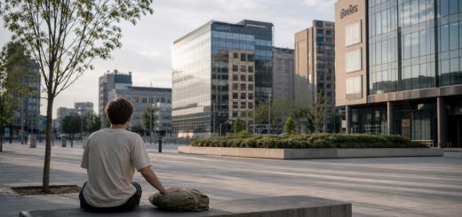 A wide, quiet early morning view of a modern city office district in Eastern Europe, photographed from across an empty pedestrian plaza. In the foreground, a single young person in a plain shirt sits alone on a concrete bench, seen from behind at a slight angle, one hand resting on a closed canvas bag beside them. Soft diffused daylight after sunrise, pale blue sky with thin high clouds, long gentle shadows across pale stone paving. Glass and concrete facades rise in the background, their surfaces reflecting muted sky tones. A few thin young trees and a low planter add green. Calm, spacious, documentary photography look, shallow depth of field on the background buildings, natural muted palette of grey, warm beige and soft green. Use balanced, natural contrast with a realistic tonal range. Preserve fine detail throughout the image, with smooth highlight roll-off, detailed shadows, balanced exposure, and natural, accurate colors.
