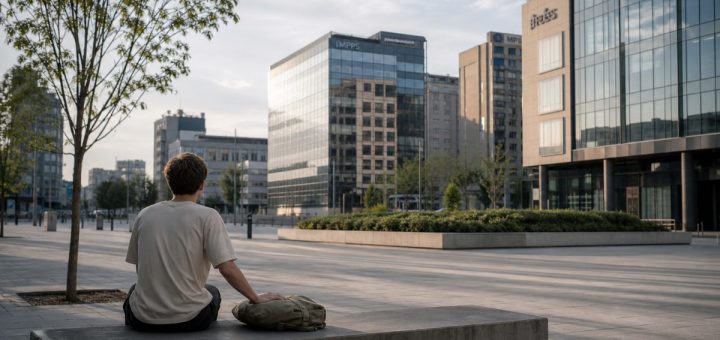 A wide, quiet early morning view of a modern city office district in Eastern Europe, photographed from across an empty pedestrian plaza. In the foreground, a single young person in a plain shirt sits alone on a concrete bench, seen from behind at a slight angle, one hand resting on a closed canvas bag beside them. Soft diffused daylight after sunrise, pale blue sky with thin high clouds, long gentle shadows across pale stone paving. Glass and concrete facades rise in the background, their surfaces reflecting muted sky tones. A few thin young trees and a low planter add green. Calm, spacious, documentary photography look, shallow depth of field on the background buildings, natural muted palette of grey, warm beige and soft green. Use balanced, natural contrast with a realistic tonal range. Preserve fine detail throughout the image, with smooth highlight roll-off, detailed shadows, balanced exposure, and natural, accurate colors.