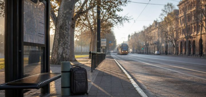 An early morning tram stop on a wide boulevard in a Central European city, seen from the pavement. A single soft-sided suitcase and a rolled sleeping mat stand on the paving beside a simple metal shelter with a slatted bench. Overhead tram wires cross a pale sky, plane trees line the boulevard, and a blurred tram approaches far down the tracks. Cool clear light just after sunrise, long shadows across the pavement, muted grey, green and warm brick tones. Documentary street photography, shallow depth of field on the suitcase. Use balanced, natural contrast with a realistic tonal range. Preserve fine detail throughout the image, with smooth highlight roll-off, detailed shadows, balanced exposure, and natural, accurate colors.
