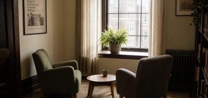 A quiet, softly lit corner room inside a university building in the late morning. Two upholstered armchairs in muted sage and warm grey face each other at a gentle angle across a low wooden side table holding a single ceramic cup. A tall arched window with sheer linen curtains lets diffused daylight fall across a worn oak floor and a woven rug. A potted fern rests on the sill, its leaves catching the light. The room is empty and still, the atmosphere private and unhurried, with warm neutral tones and soft shadows. Photographic, shallow depth of field, calm documentary interior style. Use balanced, natural contrast with a realistic tonal range. Preserve fine detail throughout the image, with smooth highlight roll-off, detailed shadows, balanced exposure, and natural, accurate colors.