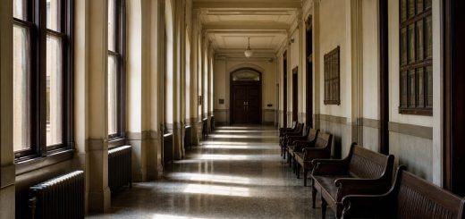 A long, quiet administrative corridor inside an old university building, photographed straight down its length in mid morning. Tall arched windows on the left throw wide bands of daylight across a worn terrazzo floor. A row of empty dark wooden benches lines the right-hand wall beneath a high ceiling with simple plaster mouldings, and a closed panelled door sits at the far end in soft focus. Still, patient atmosphere, dust drifting in the light. Architectural photography, natural available light, muted cream, oak brown and cool grey tones. Use balanced, natural contrast with a realistic tonal range. Preserve fine detail throughout the image, with smooth highlight roll-off, detailed shadows, balanced exposure, and natural, accurate colors.
