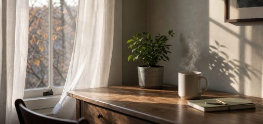 A quiet corner of a study room at first light in late autumn. A single wooden desk stands beside a tall window with thin white curtains lifting slightly in the draft. On the desk, a plain white ceramic mug with steam rising, and a small potted plant with fresh green leaves. Warm low morning sunlight rakes across the wooden surface and the pale wall behind, throwing a long soft shadow. Shallow depth of field, calm and uncluttered composition, muted natural palette of warm wood, soft grey and pale green. Photographic, natural window lighting. Use balanced, natural contrast with a realistic tonal range. Preserve fine detail throughout the image, with smooth highlight roll-off, detailed shadows, balanced exposure, and natural, accurate colors.
