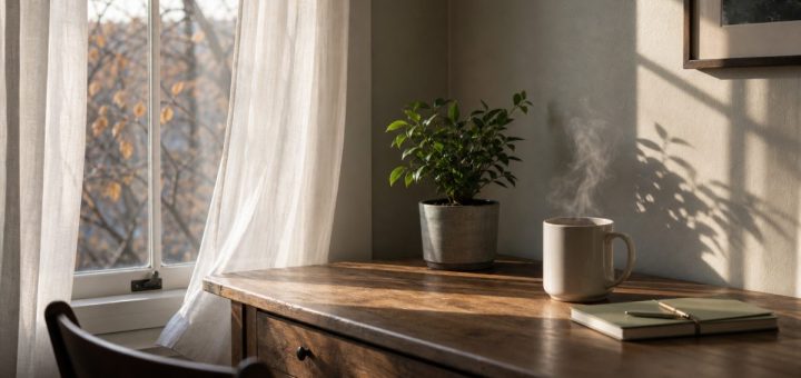 A quiet corner of a study room at first light in late autumn. A single wooden desk stands beside a tall window with thin white curtains lifting slightly in the draft. On the desk, a plain white ceramic mug with steam rising, and a small potted plant with fresh green leaves. Warm low morning sunlight rakes across the wooden surface and the pale wall behind, throwing a long soft shadow. Shallow depth of field, calm and uncluttered composition, muted natural palette of warm wood, soft grey and pale green. Photographic, natural window lighting. Use balanced, natural contrast with a realistic tonal range. Preserve fine detail throughout the image, with smooth highlight roll-off, detailed shadows, balanced exposure, and natural, accurate colors.