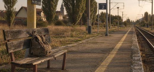 A quiet late afternoon on an empty regional railway platform in a small Romanian town at the end of summer. Weathered concrete edging, faded yellow paint, a single wooden bench, a worn canvas rucksack resting on it. Low golden sunlight rakes across the tracks, long soft shadows, dry grass and poplar trees behind the platform, distant overhead wires fading into warm haze. Documentary photography, shallow depth of field, muted earth tones with soft amber light. Use balanced, natural contrast with a realistic tonal range. Preserve fine detail throughout the image, with smooth highlight roll-off, detailed shadows, balanced exposure, and natural, accurate colors.