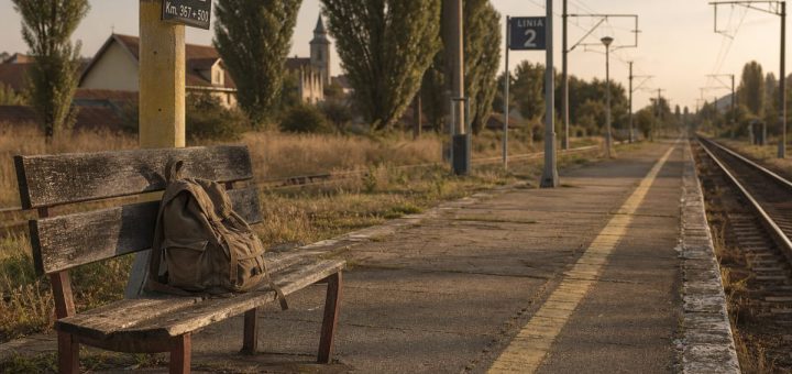 A quiet late afternoon on an empty regional railway platform in a small Romanian town at the end of summer. Weathered concrete edging, faded yellow paint, a single wooden bench, a worn canvas rucksack resting on it. Low golden sunlight rakes across the tracks, long soft shadows, dry grass and poplar trees behind the platform, distant overhead wires fading into warm haze. Documentary photography, shallow depth of field, muted earth tones with soft amber light. Use balanced, natural contrast with a realistic tonal range. Preserve fine detail throughout the image, with smooth highlight roll-off, detailed shadows, balanced exposure, and natural, accurate colors.