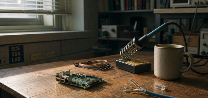 A quiet early-morning workbench in a university engineering room. A small single-board computer rests on a scuffed wooden surface beside coiled jumper wires, a soldering iron on its stand, a stripped ethernet cable and a half-empty ceramic mug. Soft daylight enters through half-open metal blinds and falls across the wood grain, catching thin dust in the air. Muted teal and warm amber tones, shallow depth of field, shelves and equipment softly out of focus in the background. Photographic, calm, unstaged. Use balanced, natural contrast with a realistic tonal range. Preserve fine detail throughout the image, with smooth highlight roll-off, detailed shadows, balanced exposure, and natural, accurate colors.